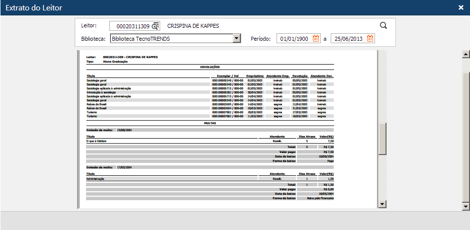 Exemplo de Relatório Extrato do leitor - Devoluções e Multas.png
