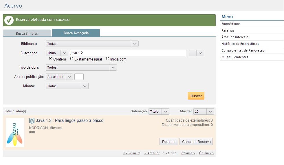 Tela inicial do acervo - com a pesquisa avançada - reserva efetuada com sucesso.png